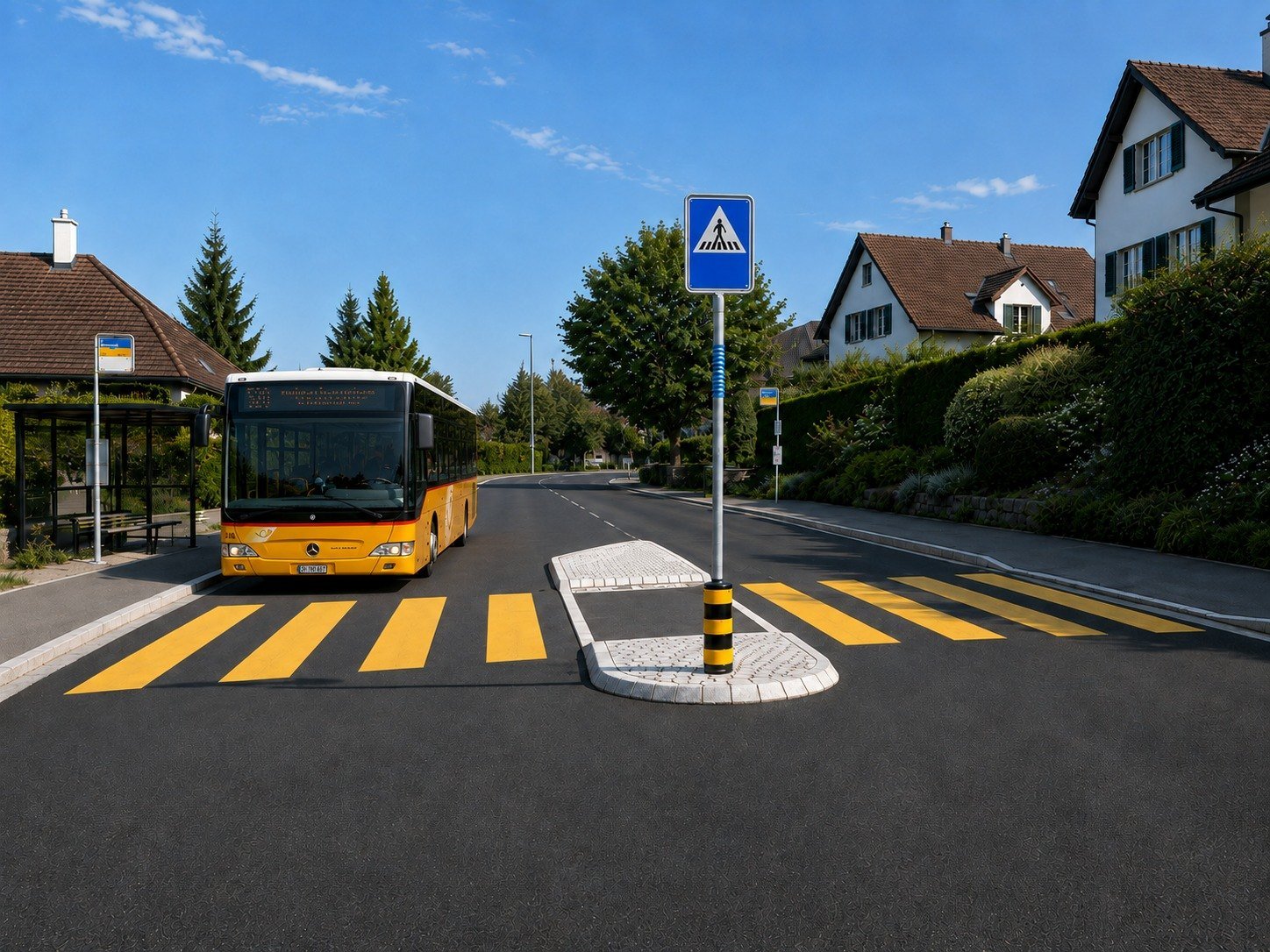 Quartierstrasse mit Bus, Fussgängerstreifen und Schutzinsel im Raum Zürich