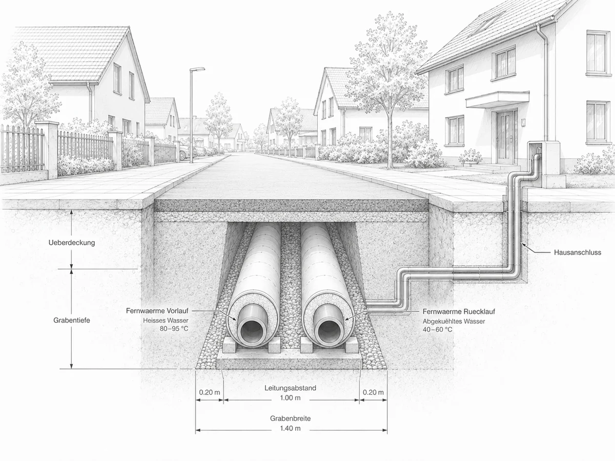 Zeichnung: Quartierstrasse im Schnitt mit zwei Fernwärmeleitungen im Graben, Vorlauf und Rücklauf, sowie Hausanschluss