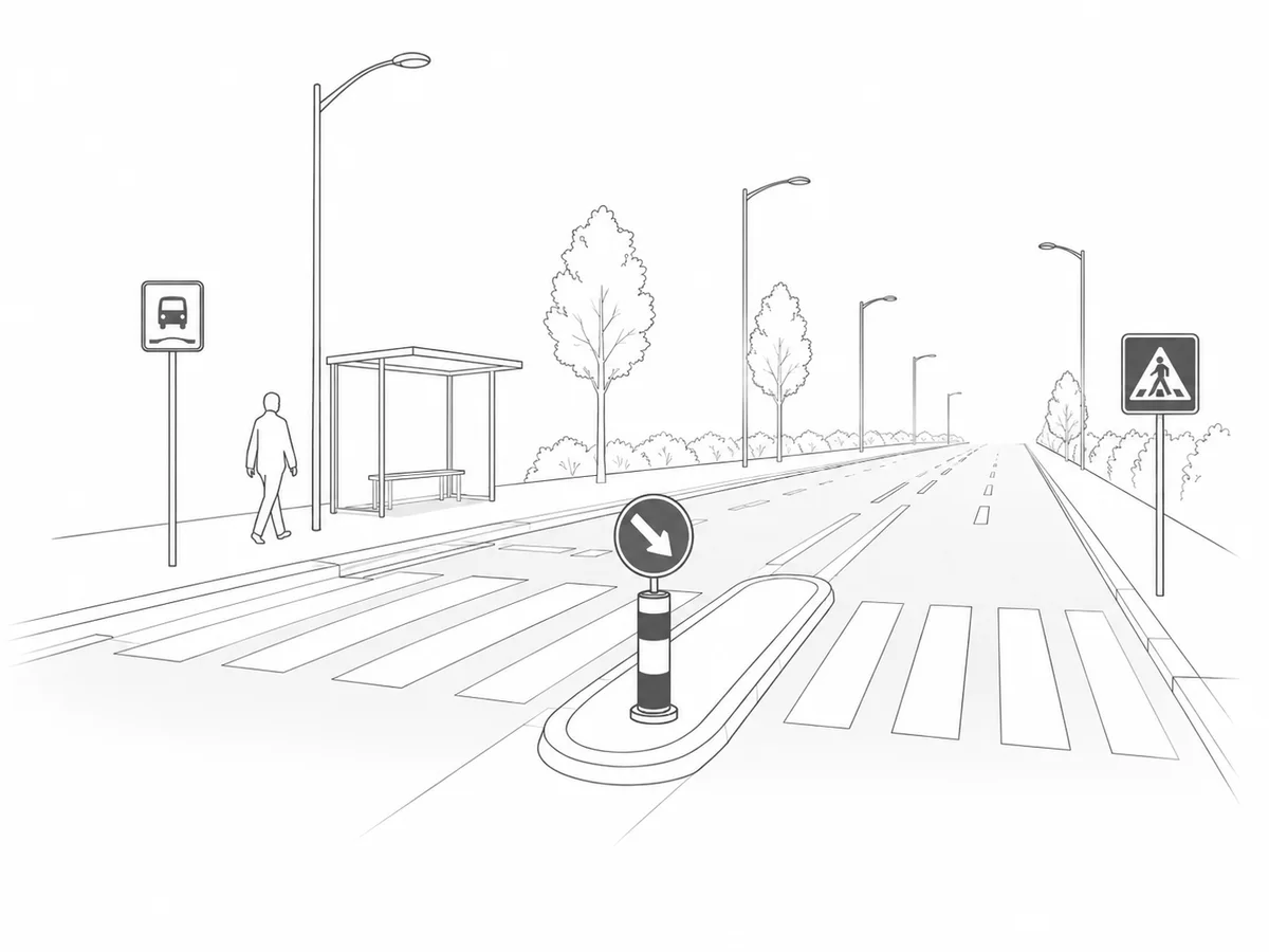 Zeichnung einer Quartierstrasse mit Fussgängerstreifen, Verkehrsinsel und Bushaltestelle