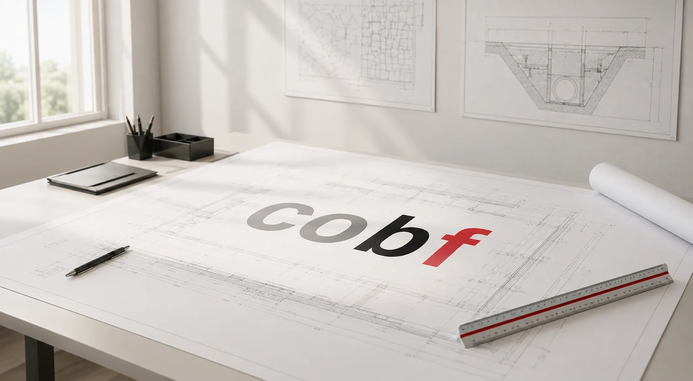 Zeichentisch mit einem Bauplan, darauf das Logo von COBF, dahinter zwei gerahmte Pläne